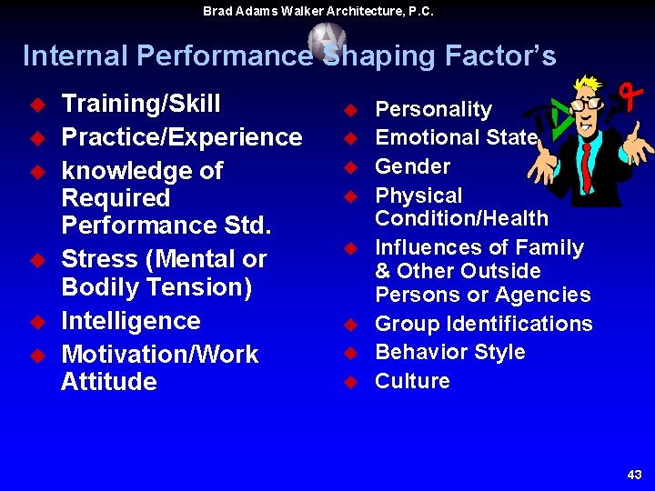Brad Adams Walker Architecture, P. C. Internal Performance Shaping Factor’s u u u Training/Skill Brad Adams Walker Architecture, P. C. Internal Performance Shaping Factor’s u u u Training/Skill