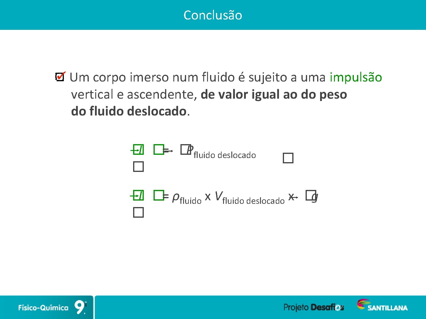 Conclusão Um corpo imerso num fluido é sujeito a uma impulsão vertical e ascendente,