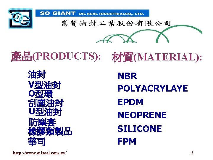 產品(PRODUCTS): 材質(MATERIAL): 油封 V型油封 O型環 刮塵油封 U型油封 防塵套 橡膠類製品 華司 http: //www. oilseal. com.