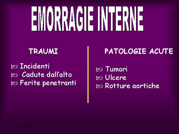TRAUMI Incidenti Cadute dall’alto Ferite penetranti 28. 02. 2002 PATOLOGIE ACUTE Tumori Ulcere Rotture
