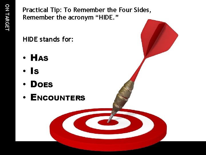 ON TARGET Practical Tip: To Remember the Four Sides, Remember the acronym “HIDE. ”