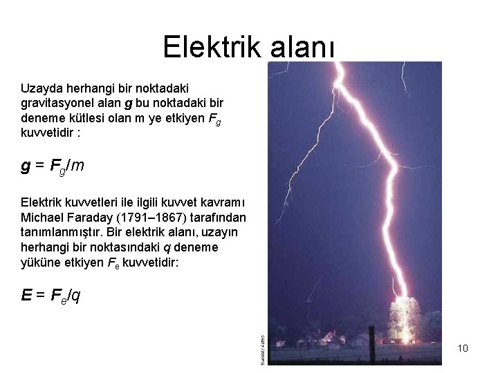 Elektrik alanı Uzayda herhangi bir noktadaki gravitasyonel alan g bu noktadaki bir deneme kütlesi