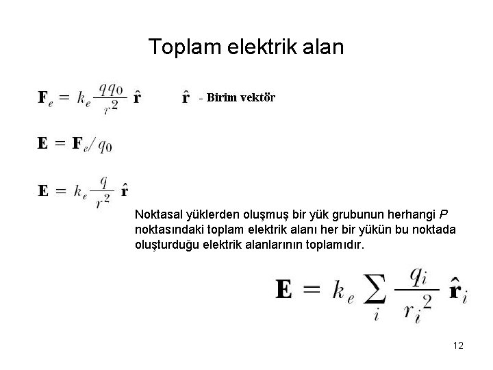 Toplam elektrik alan Noktasal yüklerden oluşmuş bir yük grubunun herhangi P noktasındaki toplam elektrik