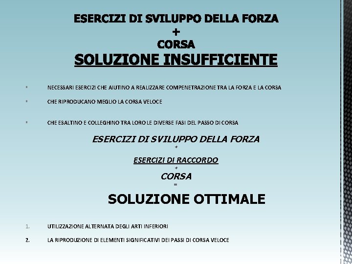 SOLUZIONE INSUFFICIENTE § NECESSARI ESERCIZI CHE AIUTINO A REALIZZARE COMPENETRAZIONE TRA LA FORZA E