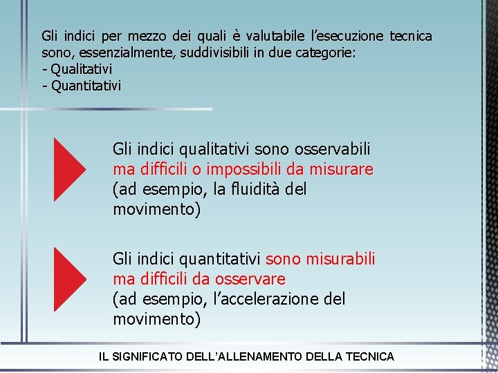 Gli indici per mezzo dei quali è valutabile l’esecuzione tecnica sono, essenzialmente, suddivisibili in
