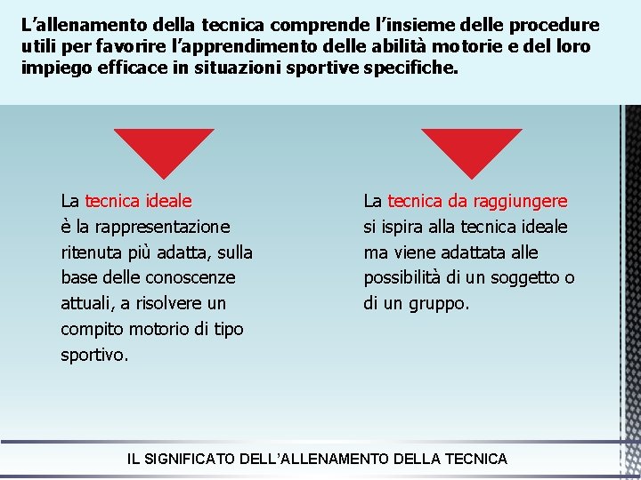 L’allenamento della tecnica comprende l’insieme delle procedure utili per favorire l’apprendimento delle abilità motorie