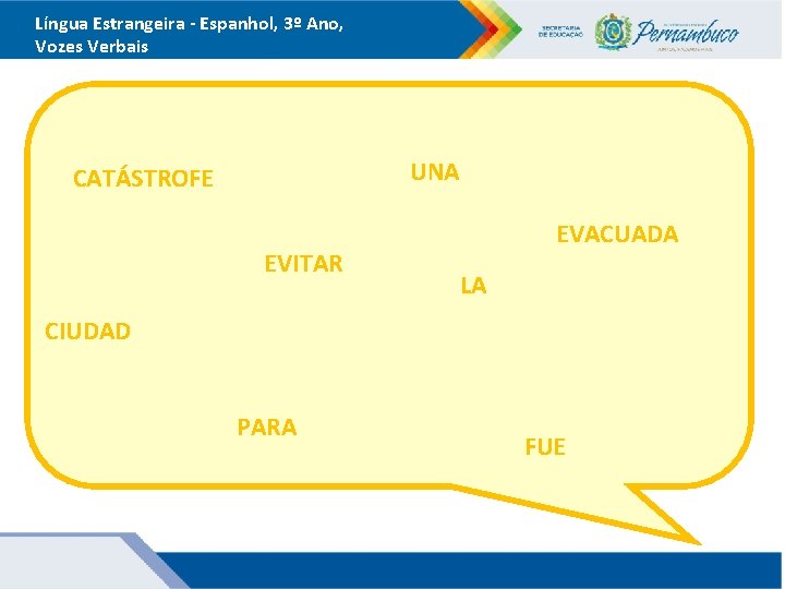 Língua Estrangeira - Espanhol, 3º Ano, Vozes Verbais UNA CATÁSTROFE EVITAR EVACUADA LA CIUDAD