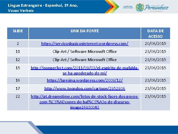 Língua Estrangeira - Espanhol, 3º Ano, Vozes Verbais SLIDE LINK DA FONTE DATA DE