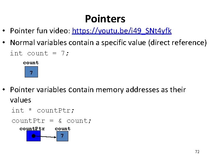 Pointers • Pointer fun video: https: //youtu. be/i 49_SNt 4 yfk • Normal variables