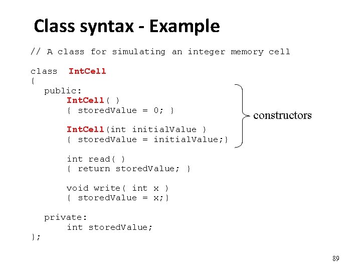 Class syntax - Example // A class for simulating an integer memory cell class