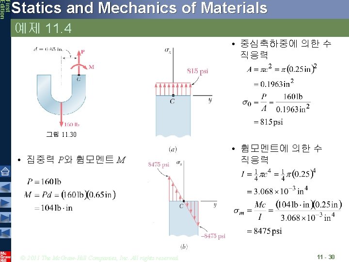 First Edition Statics and Mechanics of Materials 예제 11. 4 • 중심축하중에 의한 수