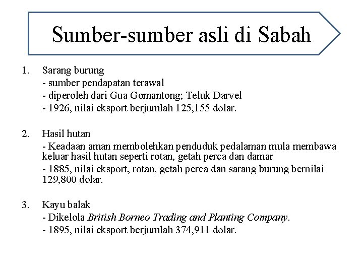 Sumber-sumber asli di Sabah 1. Sarang burung - sumber pendapatan terawal - diperoleh dari