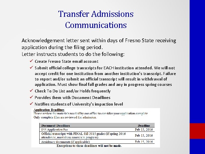 Transfer Admissions Communications Acknowledgement letter sent within days of Fresno State receiving application during