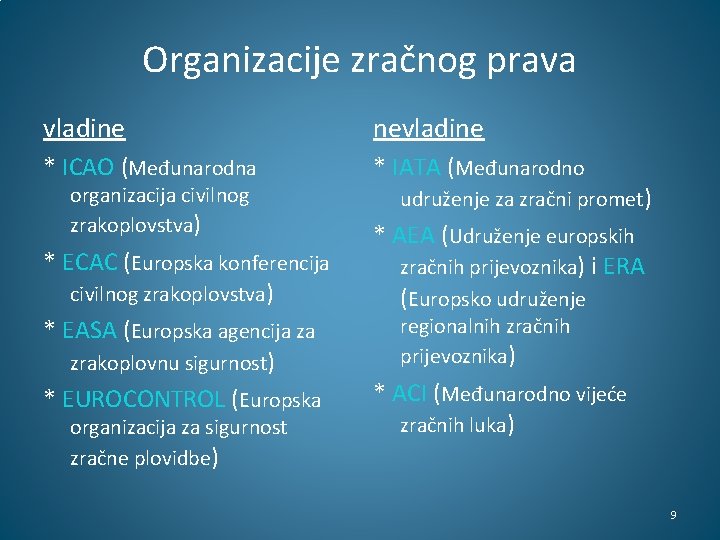 Organizacije zračnog prava vladine nevladine * ICAO (Međunarodna * IATA (Međunarodno organizacija civilnog zrakoplovstva)