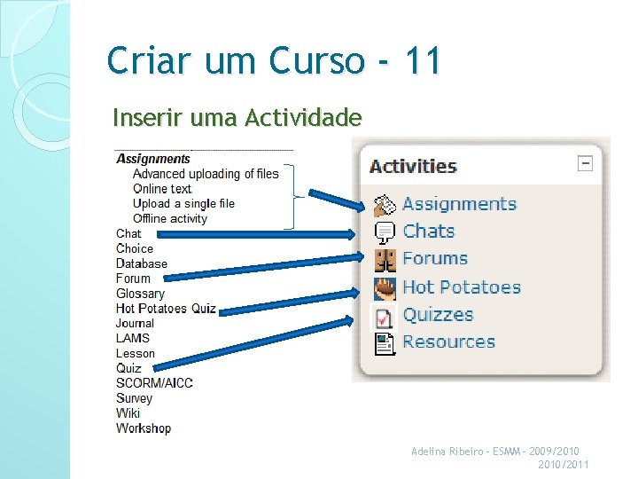 Criar um Curso - 11 Inserir uma Actividade Adelina Ribeiro - ESMM - 2009/2010/2011
