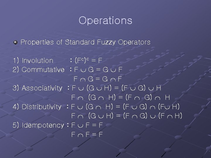 Operations Properties of Standard Fuzzy Operators 1) Involution : (Fc)c = F 2) Commutative