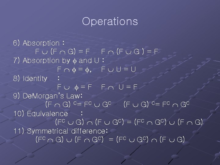 Operations 6) Absorption : F (F G) = F F (F G ) =