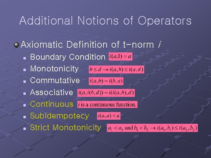 Additional Notions of Operators Axiomatic Definition of t-norm i n n n n Boundary