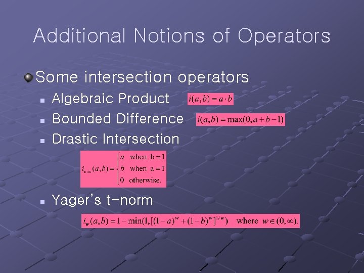 Additional Notions of Operators Some intersection operators n Algebraic Product Bounded Difference Drastic Intersection