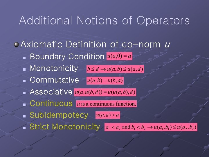 Additional Notions of Operators Axiomatic Definition of co-norm u n n n n Boundary