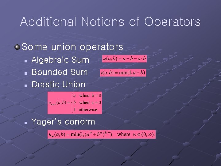 Additional Notions of Operators Some union operators n Algebraic Sum Bounded Sum Drastic Union