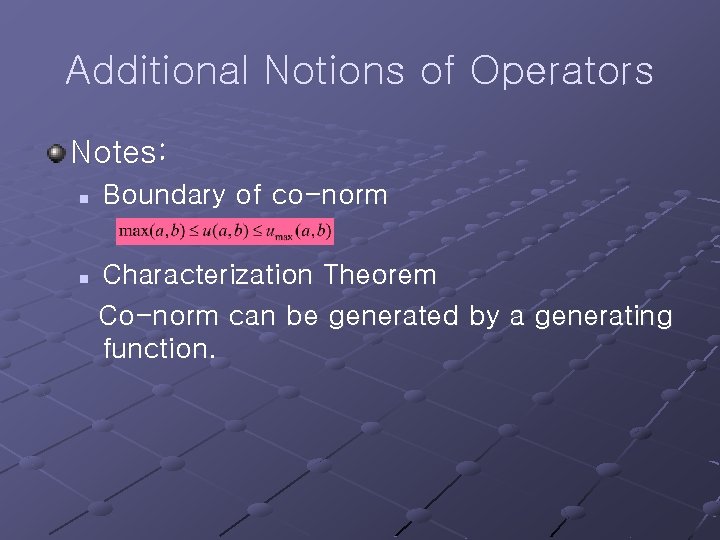 Additional Notions of Operators Notes: n n Boundary of co-norm Characterization Theorem Co-norm can