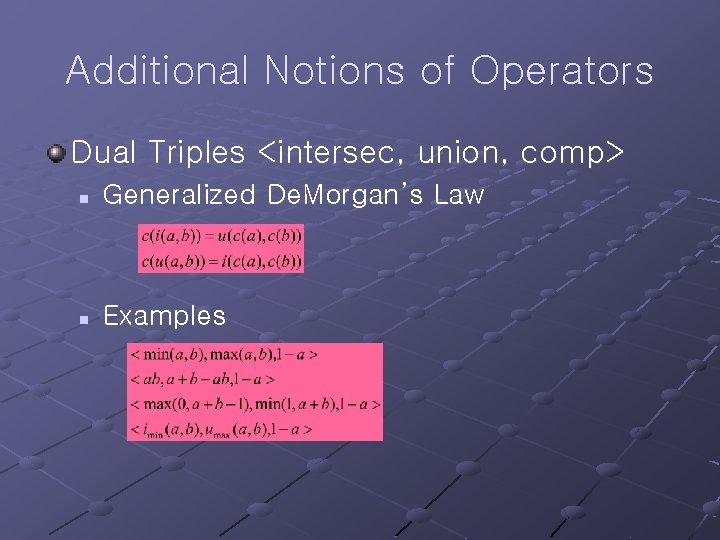 Additional Notions of Operators Dual Triples <intersec, union, comp> n Generalized De. Morgan’s Law