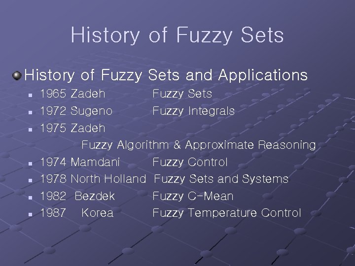 History of Fuzzy Sets and Applications n n n n 1965 Zadeh Fuzzy Sets