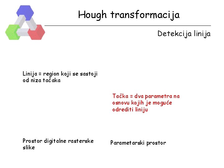 Hough transformacija Detekcija linija Linija = region koji se sastoji od niza tačaka Tačka