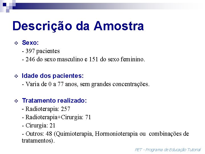 Descrição da Amostra v Sexo: - 397 pacientes - 246 do sexo masculino e