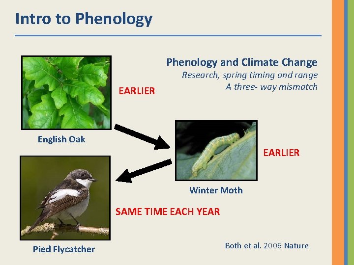 Intro to Phenology and Climate Change EARLIER Research, spring timing and range A three-