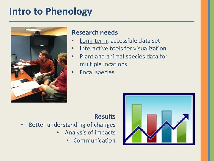 Intro to Phenology Research needs • Long-term, accessible data set • Interactive tools for