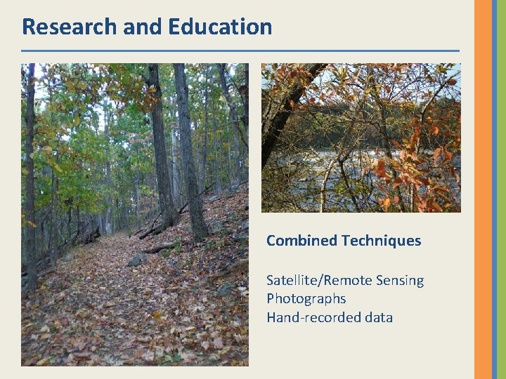 Research and Education Combined Techniques Satellite/Remote Sensing Photographs Hand-recorded data 