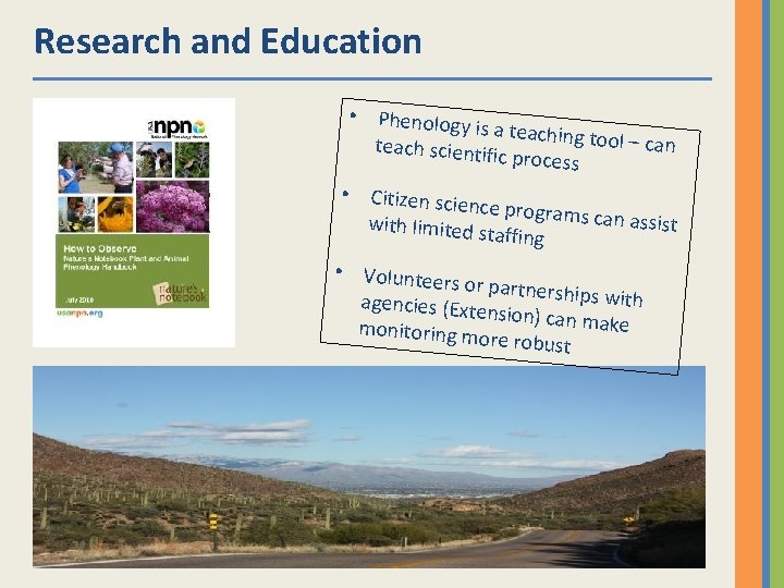 Research and Education • Phenology is a teaching t ool – can teach scientific