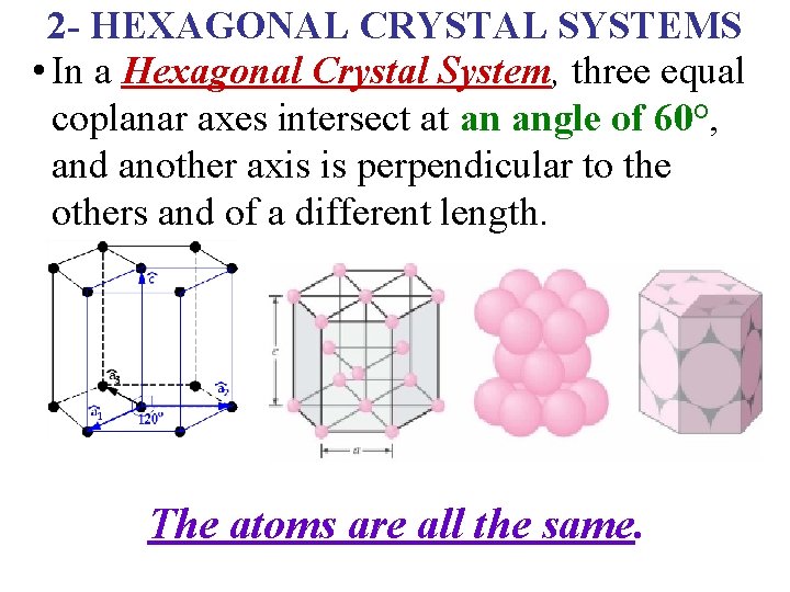 2 - HEXAGONAL CRYSTAL SYSTEMS • In a Hexagonal Crystal System, three equal coplanar