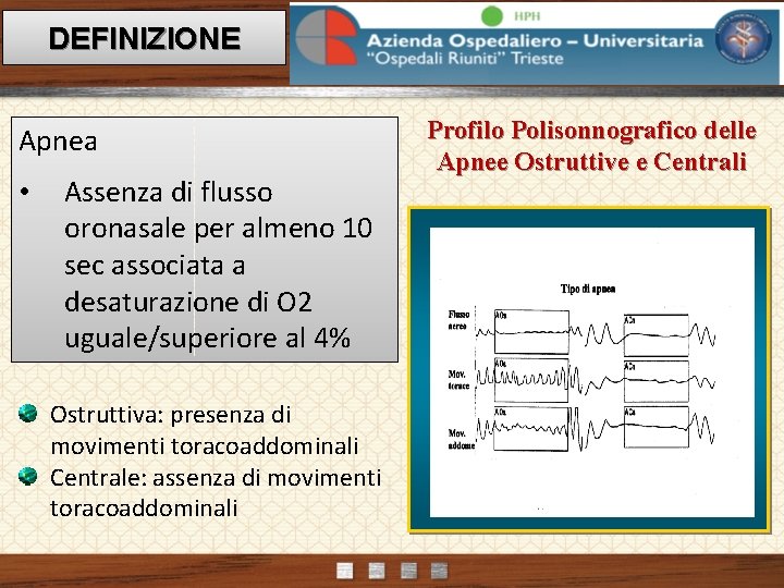 DEFINIZIONE Apnea • Assenza di flusso oronasale per almeno 10 sec associata a desaturazione