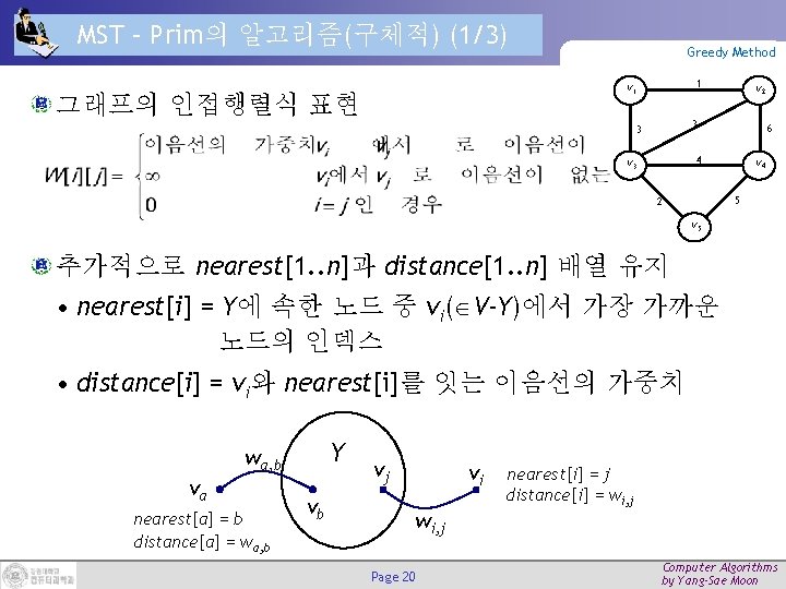 MST – Prim의 알고리즘(구체적) (1/3) Greedy Method 1 v 1 그래프의 인접행렬식 표현 v