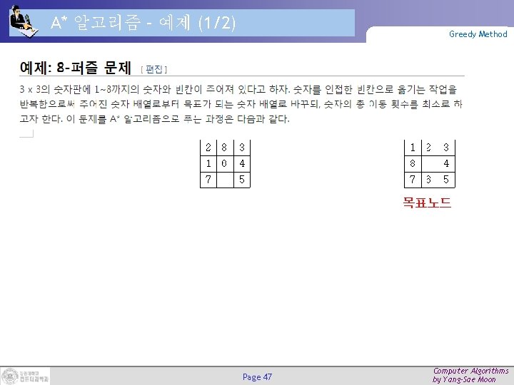 A* 알고리즘 – 예제 (1/2) Greedy Method Page 47 Computer Algorithms by Yang-Sae Moon