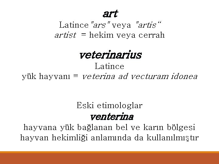 art Latince"ars" veya "artis“ artist = hekim veya cerrah veterinarius Latince yük hayvanı =