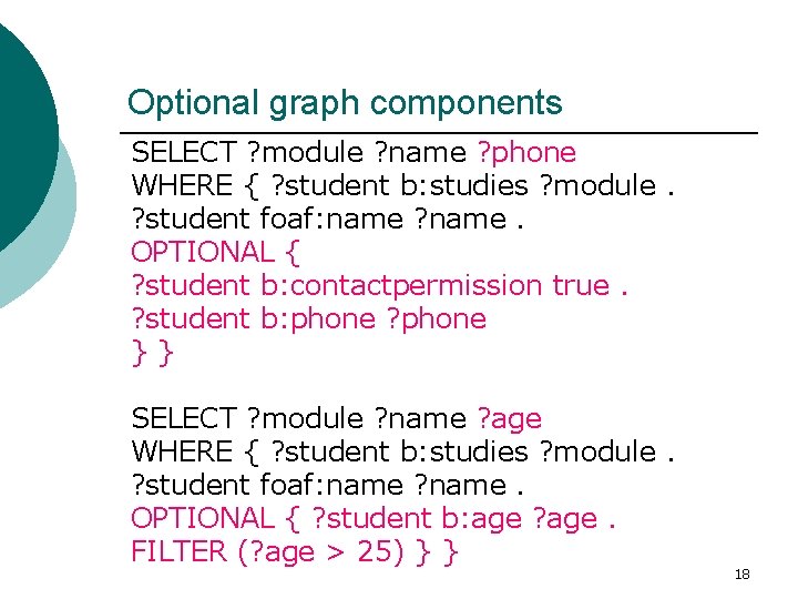 Optional graph components SELECT ? module ? name ? phone WHERE { ? student