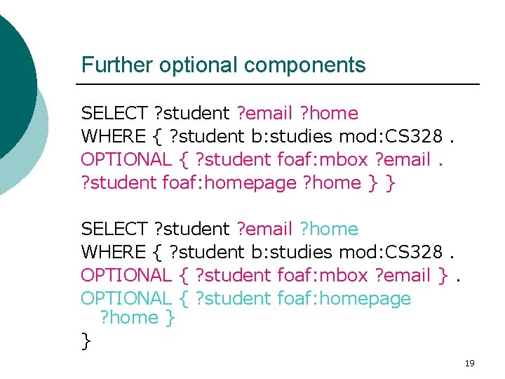 Further optional components SELECT ? student ? email ? home WHERE { ? student