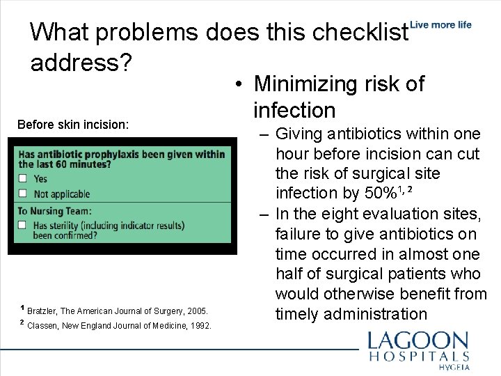 What problems does this checklist address? Before skin incision: ¹ Bratzler, The American Journal