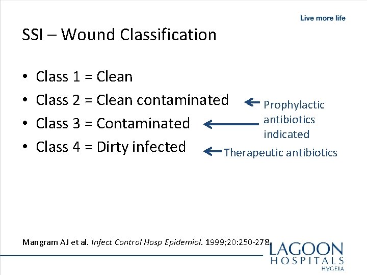 SSI – Wound Classification • • Class 1 = Clean Class 2 = Clean