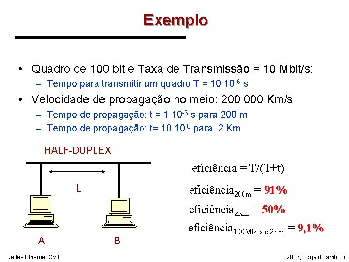 Exemplo • Quadro de 100 bit e Taxa de Transmissão = 10 Mbit/s: –