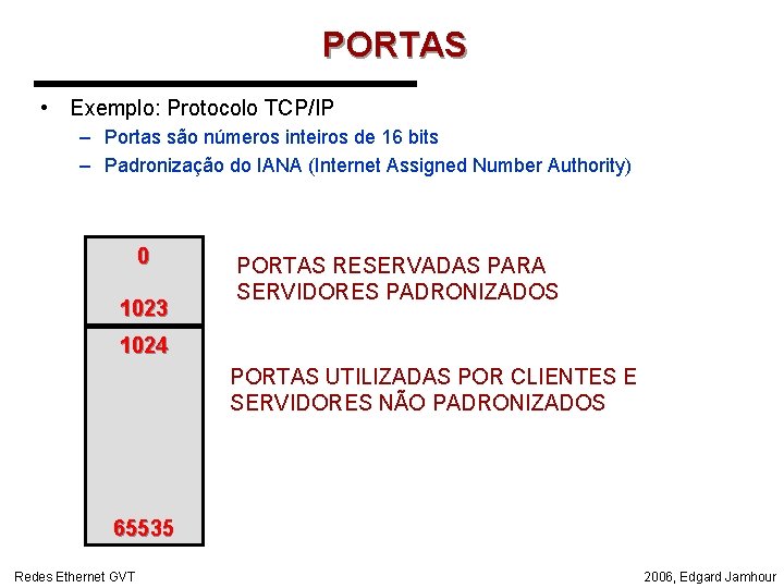 PORTAS • Exemplo: Protocolo TCP/IP – Portas são números inteiros de 16 bits –