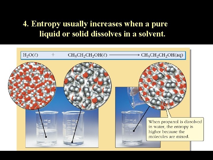 4. Entropy usually increases when a pure liquid or solid dissolves in a solvent.