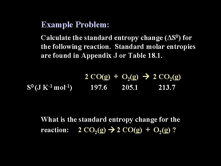 Example Problem: Calculate the standard entropy change (ΔS 0) for the following reaction. Standard