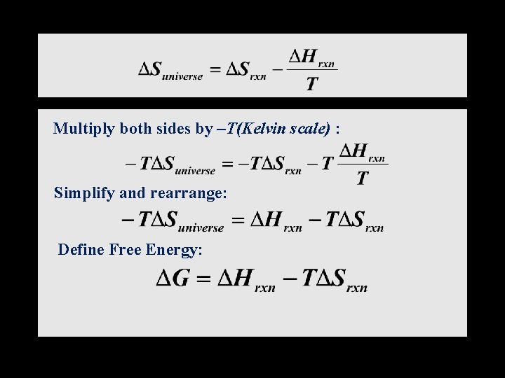 Multiply both sides by –T(Kelvin scale) : Simplify and rearrange: Define Free Energy: 