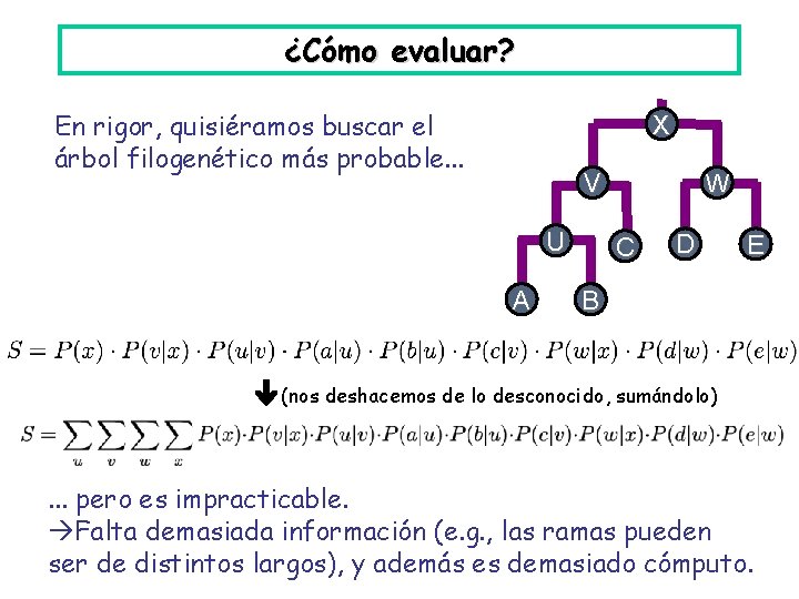 ¿Cómo evaluar? En rigor, quisiéramos buscar el árbol filogenético más probable. . . X