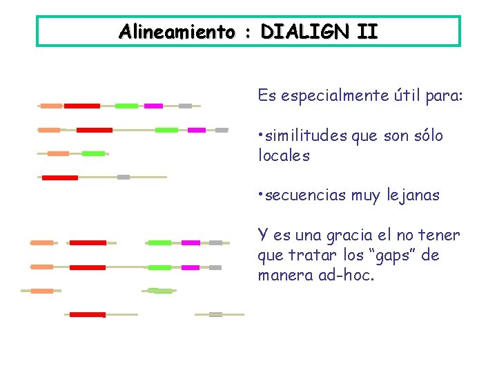Alineamiento : DIALIGN II Es especialmente útil para: • similitudes que son sólo locales